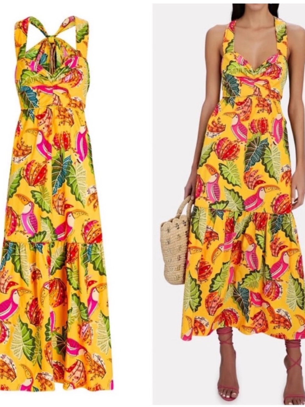 Farm Rio Yellow Toucan tiered dress. Sleeveless, colorful. Size Small.